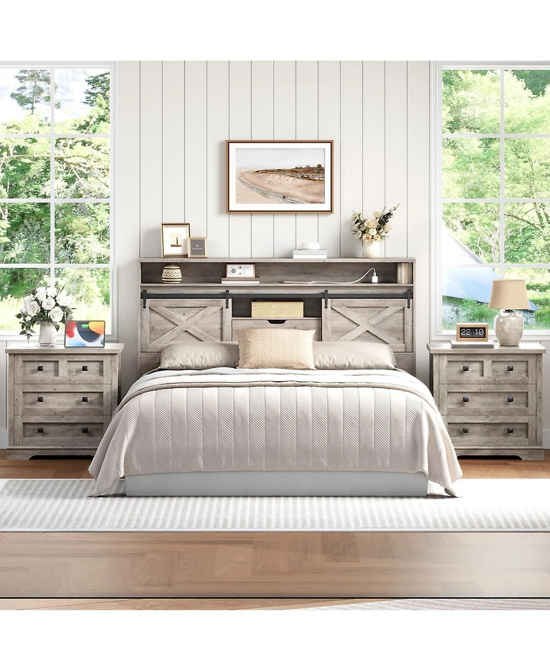 Slickblue Farmhouse 3-Drawer Nightstand with Charging Station for Bedroom