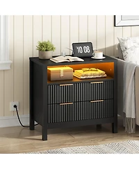 Slickblue Wooden Bedside Table with Charging Station, Led Lights and Shelf