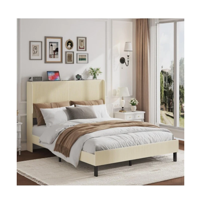 Lucky One Queen Size Metal Platform Bed Frame with Storage Headboard, Usb Charging, Heavy Duty Metal Slats, No Box Spring Needed