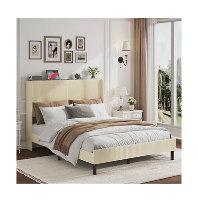 Lucky One Queen Size Metal Platform Bed Frame with Storage Headboard, Usb Charging, Heavy Duty Metal Slats, No Box Spring Needed