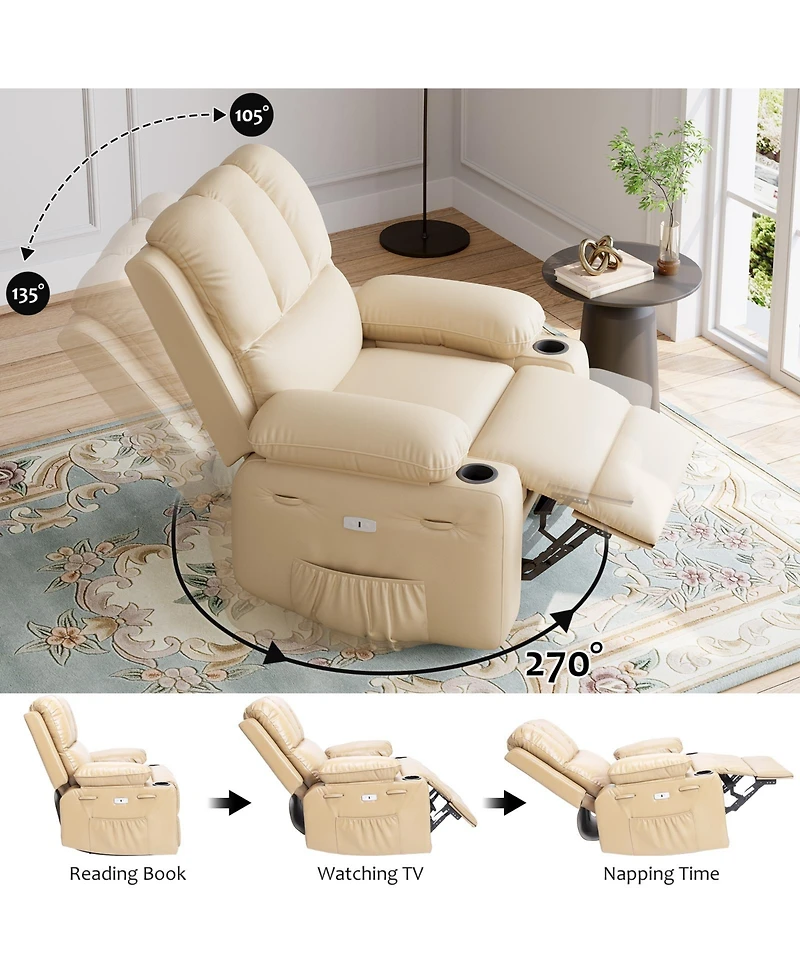 homfan Pu Leather Swivel Rocker Electric Recliner, Oversized Single Sofa with Massage and Heat, Usb Ports, Cup Holders Side Pocket for Bedroom