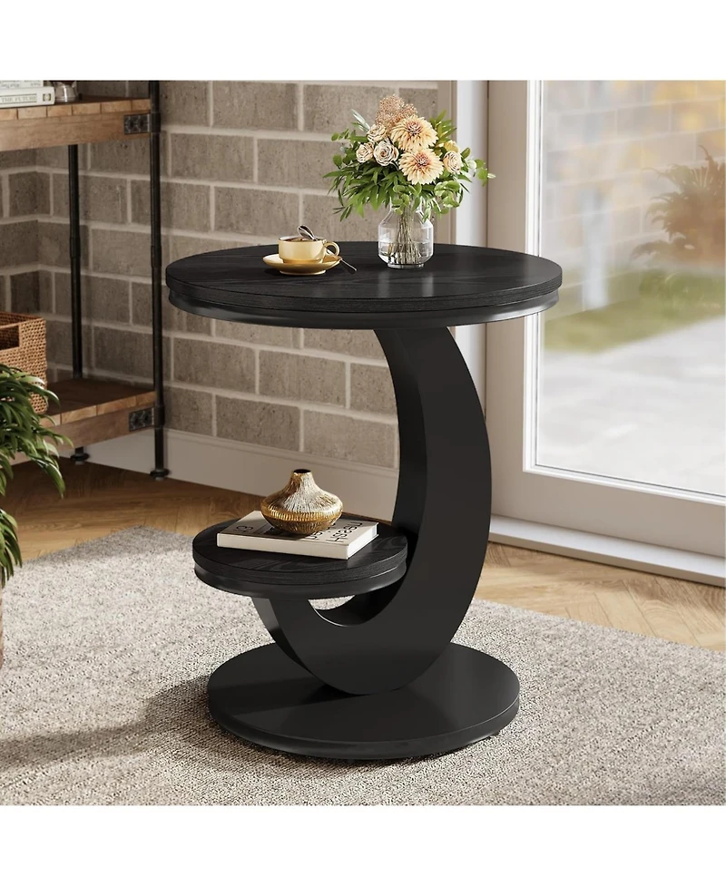 Tribesigns Round End Table, 2 Tiers Side Table with Storage Shelf, C-Shaped Frame for Small Spaces, Living Room, Easy to Assemble
