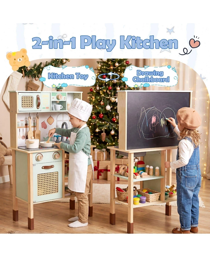 Gymax Kids Play Kitchen Wooden Pretend Kitchen Playset with Rattan Doors Wood Legs