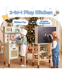 Gymax Kids Play Kitchen Wooden Pretend Kitchen Playset with Rattan Doors Wood Legs