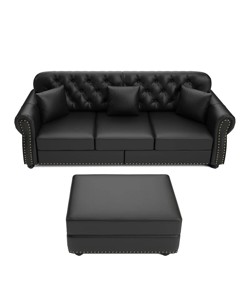 Maison Boucle 82.6'' Faux Leather Sofa with Ottoman, Nailhead Tufted, Wood Frame