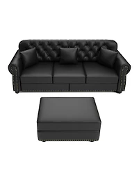 Maison Boucle 82.6'' Faux Leather Sofa with Ottoman, Nailhead Tufted, Wood Frame