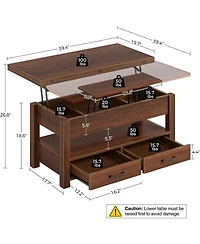 homfan 40" Lift-Top Coffee Table with Drawers and Hidden Storage, Convertible Dining Table for Living Room