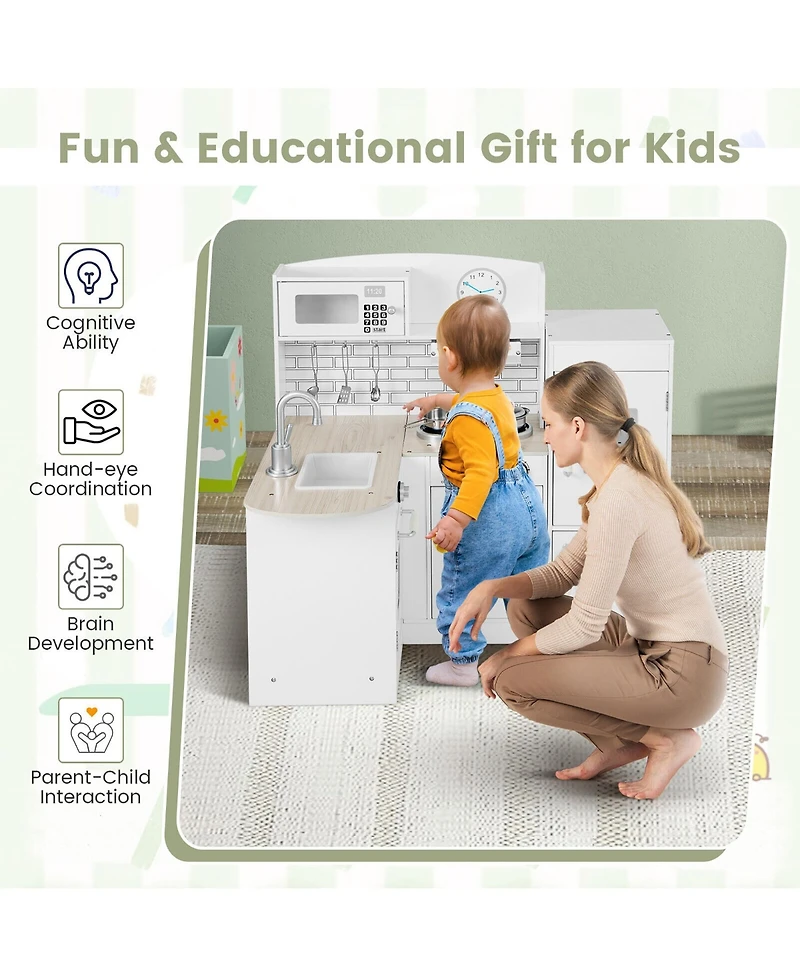 Gymax Kid's Corner Kitchen Playset Wooden Chef Play with Sink Stove Range Hood Utensils