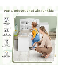 Gymax Kid's Corner Kitchen Playset Wooden Chef Play with Sink Stove Range Hood Utensils