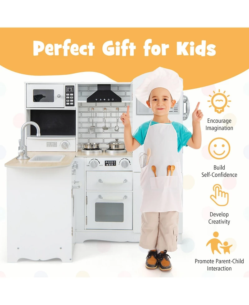 Gymax Kid's Corner Kitchen Playset Wooden Chef Play with Stove Utensils and Refrigerator