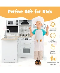 Gymax Kid's Corner Kitchen Playset Wooden Chef Play with Stove Utensils and Refrigerator