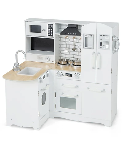 Gymax Kid's Corner Kitchen Playset Wooden Chef Play with Stove Utensils and Refrigerator