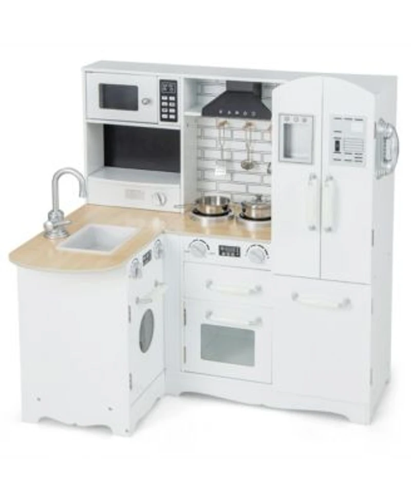 Gymax Kids Corner Kitchen Playset Wooden Chef Play With Stove Utensils Refrigerator