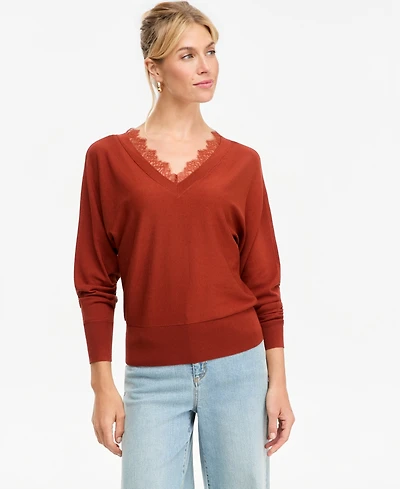 I.n.c. International Concepts Women's Lace Trim Double V Neck Dolman Long-Sleeve Viscose-Blend Sweater, Macy's Exclusive