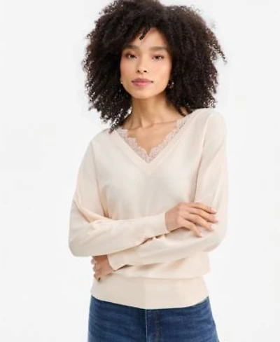 I.N.C. International Concepts Womens Lace Trim Double V Neck Dolman Long Sleeve Viscose Blend Sweater Macys Exclusive