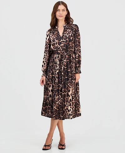 T Tahari Women's Printed Tie-waist Smocked-Cuff Midi Dress