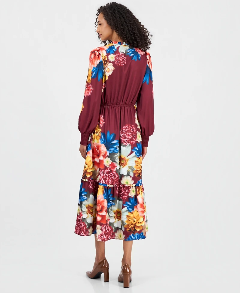 T Tahari Women's Floral Long-Sleeve A-Line Midi Dress
