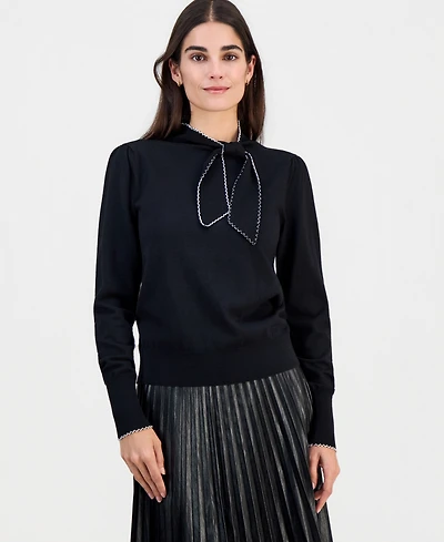 T Tahari Women's Contrast-Tipped Bow-Tie Sweater