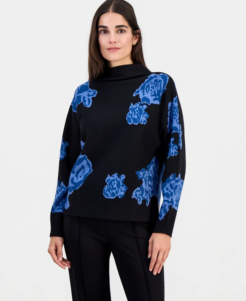 T Tahari Women's Floral Jacquard Funnel-Neck Dolman-Sleeve Sweater