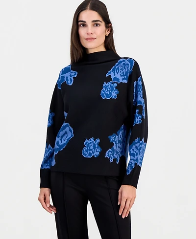 T Tahari Women's Floral Jacquard Funnel-Neck Dolman-Sleeve Sweater