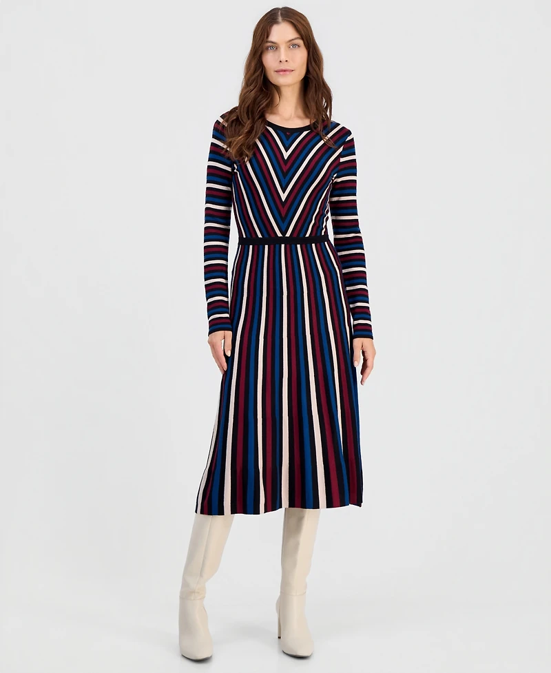 T Tahari Women's Multicolor Striped Long-Sleeve Midi Dress
