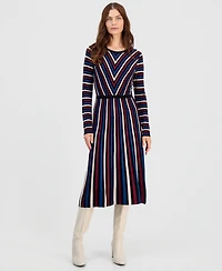 T Tahari Women's Multicolor Striped Long-Sleeve Midi Dress