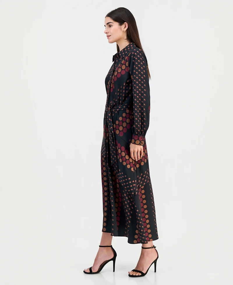 T Tahari Women's Printed Tie-Waist Diagonal-Tiered Shirt Dress