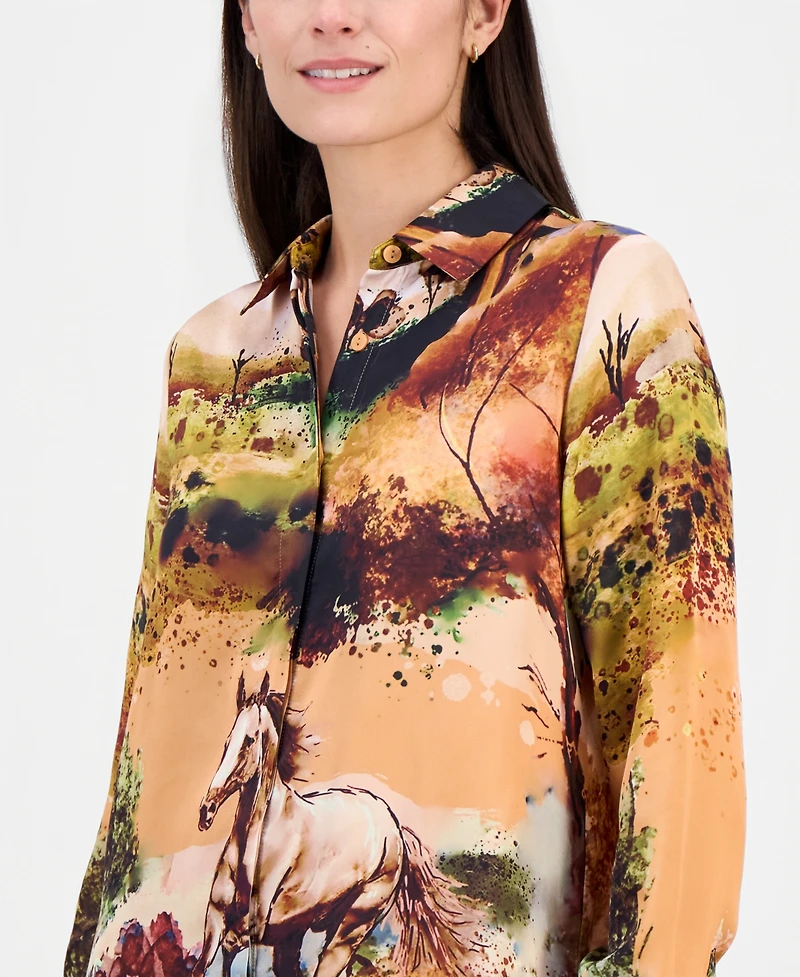 T Tahari Women's Printed Long-Sleeve Button-Down Blouse