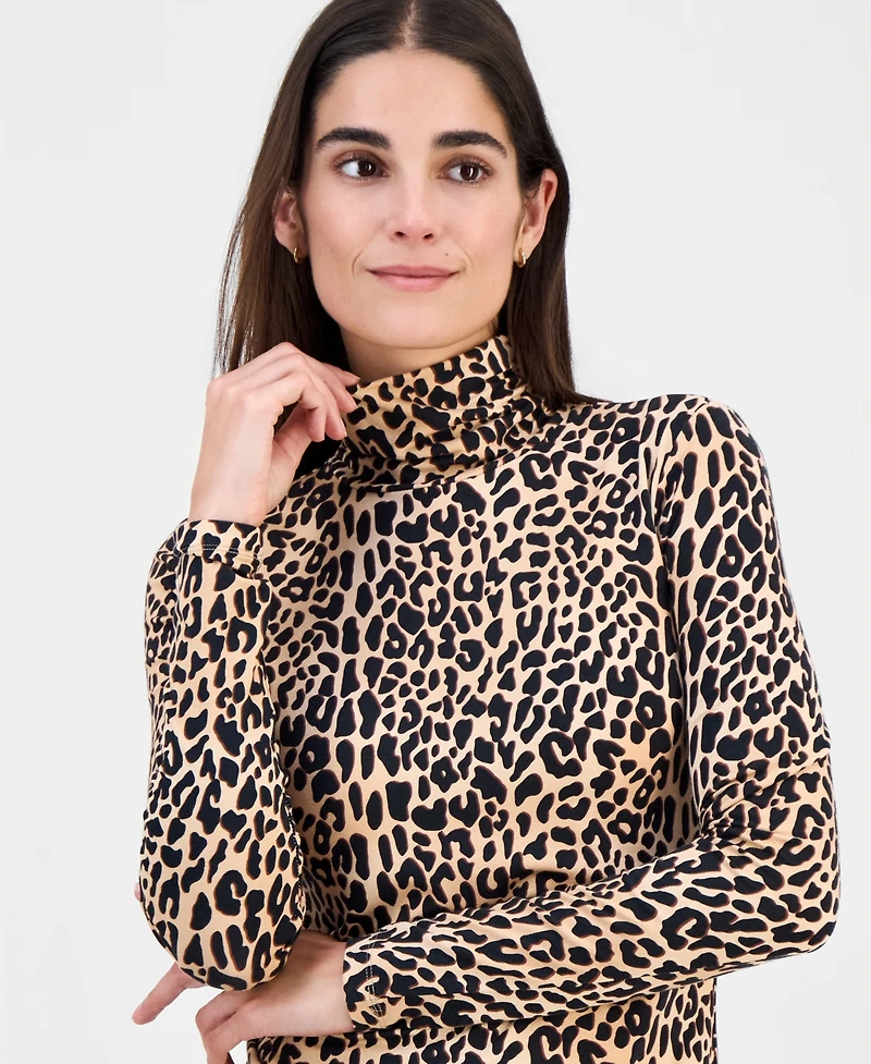 T Tahari Women's Printed Shirred Turtleneck Top
