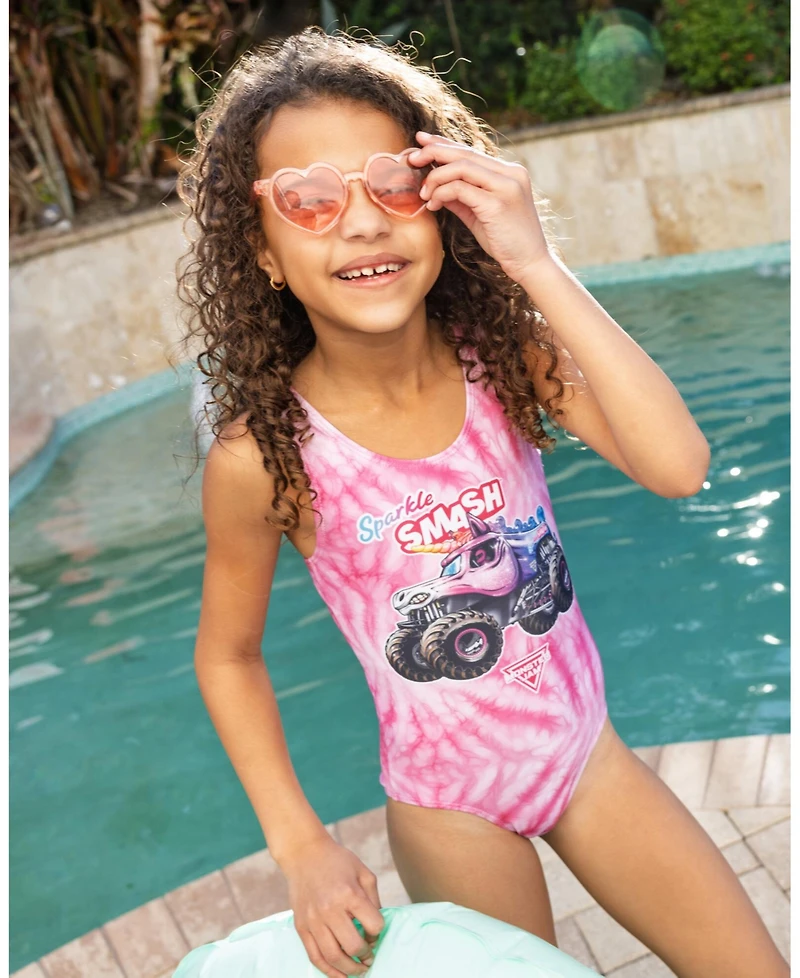 Monster Jam Toddler Girls Sparkle Smash One Piece Bathing Suit Upf 50+