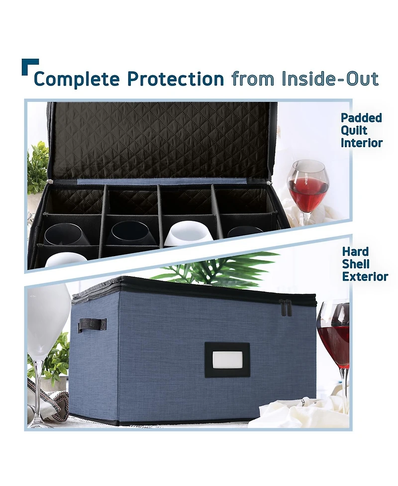 Wine Glass Storage Box with Dividers, Quilted and Stackable Stemware Storage Cases