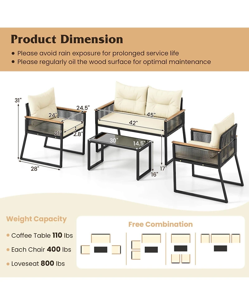 Costway Patio Furniture Set with Tempered Glass Coffee Table Pe Wicker Rattan Chairs