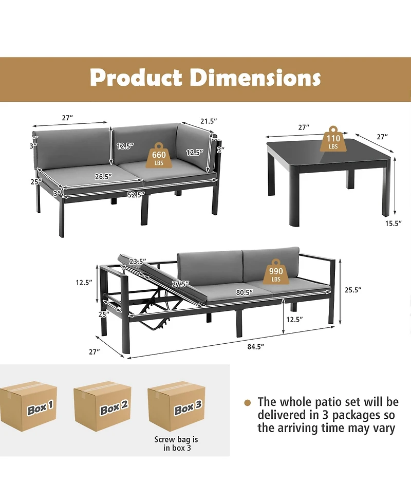 Costway 3Pieces Patio Furniture Set Aluminum Lounge Adjust Back Recliner Sofa Table Cushion