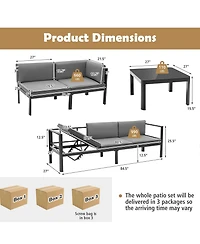 Costway 3Pieces Patio Furniture Set Aluminum Lounge Adjust Back Recliner Sofa Table Cushion