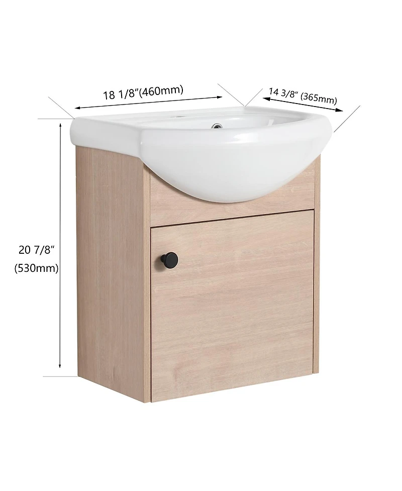 Sillysis 18 Inch Floating Bathroom Vanity with Ceramic Sink, Soft Close Door, Modern Plywood Cabinet for Small Spaces