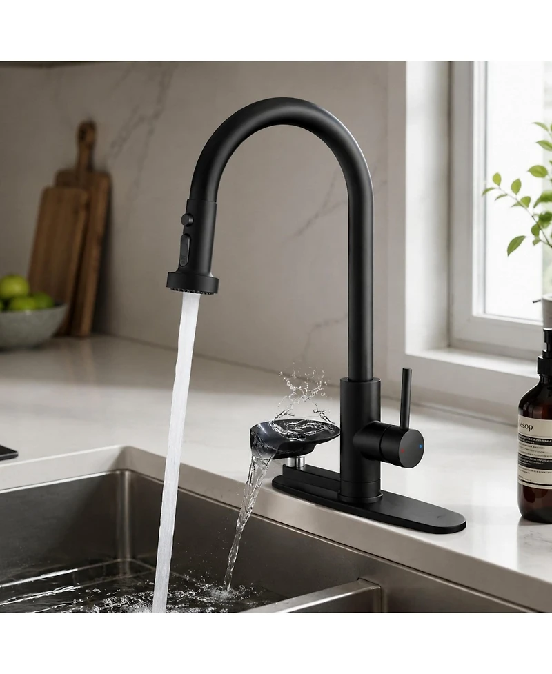 Phying 3 in 1 Kitchen Faucet With Press Type Glass Rinser High Arc Pull Down Sprayer Faucet 3 Function Spray Mode Modern Single Handle Sink Faucet