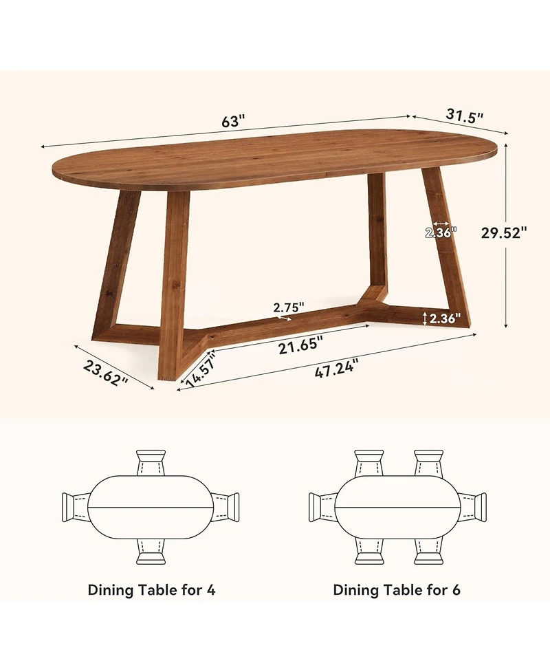 Tribesigns 63" Solid Wood Oval Dining Table, Farmhouse Kitchen Table for 4-6 People