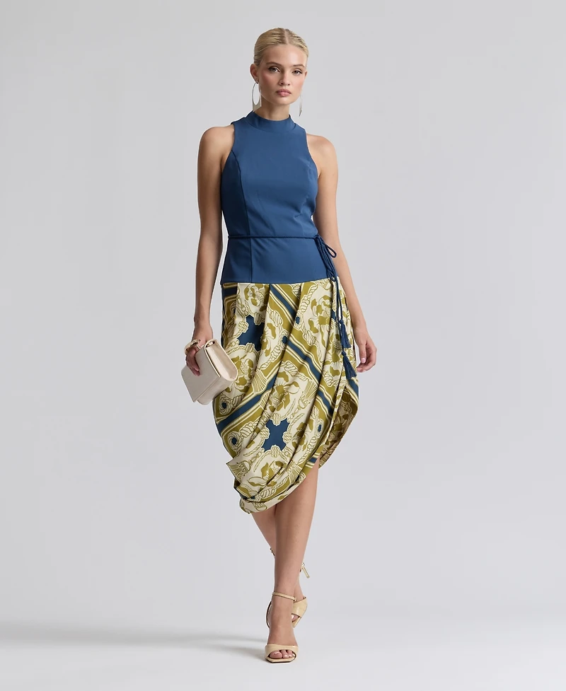 Avec Les Filles Women's Sleeveless Belted Mock Neck Asymetric Drape Midi Dress