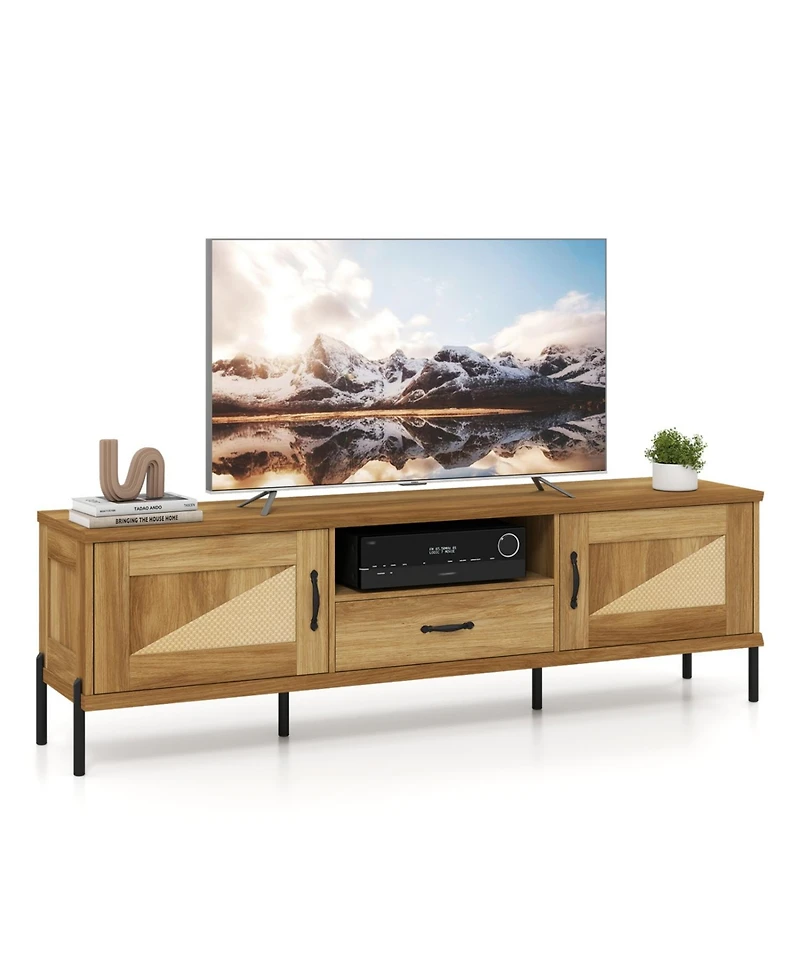 Slickblue Mid-Century Modern Rattan Tv Stand with 2 Storage Cabinets
