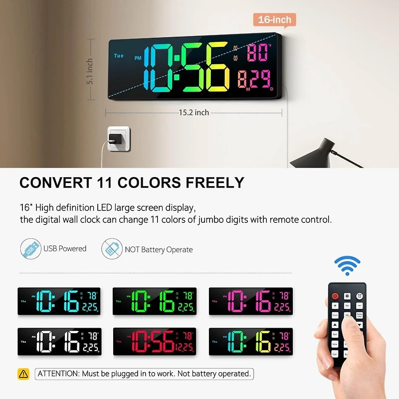 Neewer Digital Wall Clock 16", Wall Clock with 11 Rgb Colors, Alarm Clock with Night Lights, Large Digital Clock for Living Room Bedroom Office