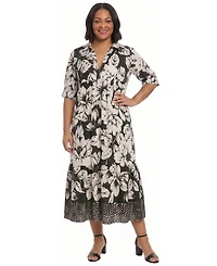 London Times Plus Collared Placement Print Dress