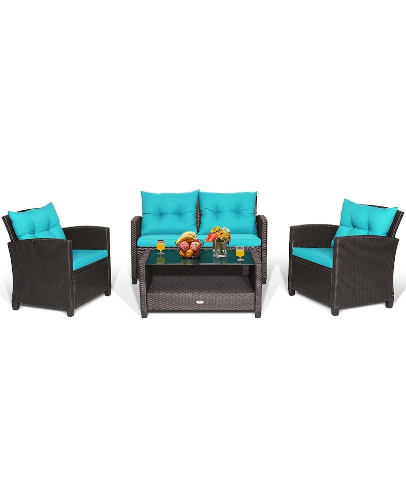 Costway 4 Pieces Patio Rattan Furniture Set Glass Table Shelf Sofa Cushion