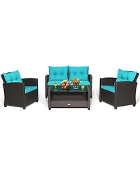 Costway 4 Pieces Patio Rattan Furniture Set Glass Table Shelf Sofa Cushion