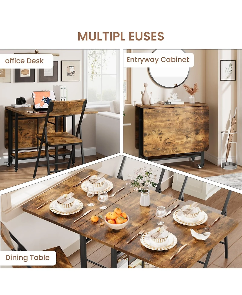 homfan Folding Dining Table Set with 4 Chairs - Drop Leaf Kitchen Table, Storage and Lockable Wheels, Space-Saving for Kitchen or Dining Room