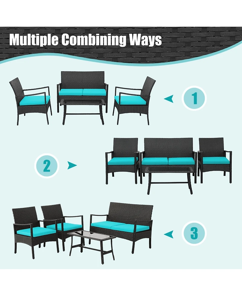 Costway 4Piece Patio Wicker Furniture Set Cushioned Chairs and Loveseat with Coffee Table Garden