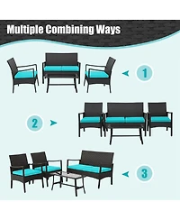 Costway 4Piece Patio Wicker Furniture Set Cushioned Chairs and Loveseat with Coffee Table Garden