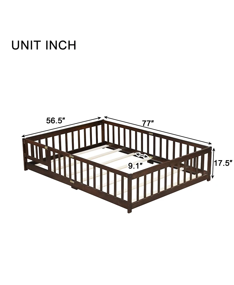 Sailvan Full Floor Bed with Fence and Door, Solid Rubber Wood Kids Platform Frame