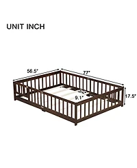 Sailvan Full Floor Bed with Fence and Door, Solid Rubber Wood Kids Platform Frame