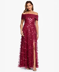 Xscape Women's Off-The-Shoulder 3D Embroidered Mesh Ball Gown