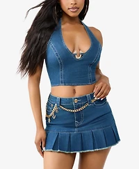True Religion Women's Crystsl Horseshoe Denim Halter Top